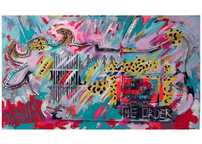 the order • 80 x 138 cm • Acryl, Platine, Metall, Gummi auf Holz